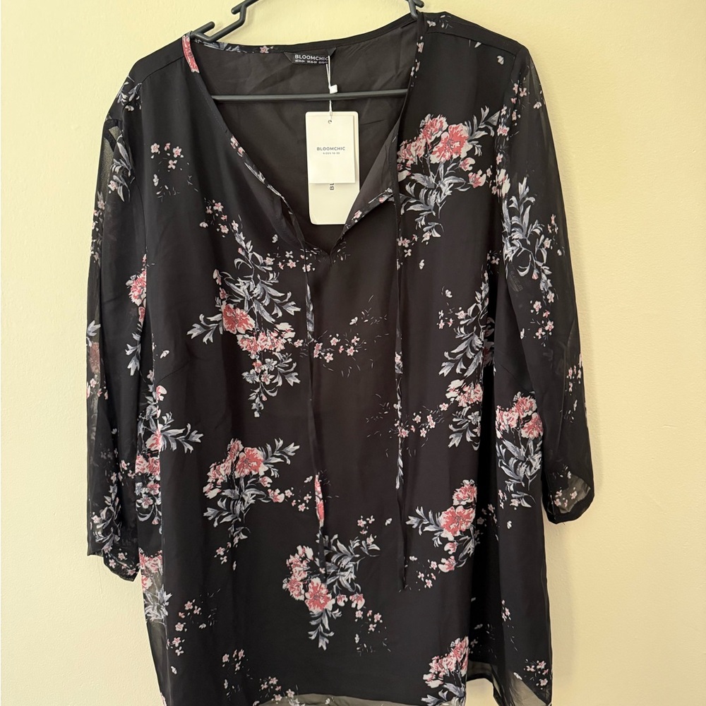 BloomChic Black Floral Blouse with Pink and Gray Highlights